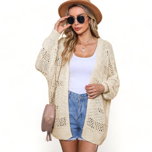 Cream Casual Hollowed Knit Dolman Sleeve Cardigan - Picture 2 of 11